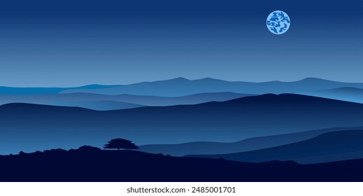 Vector Ilustración paisajística de la montaña azul con la luna grande y el cielo claro, con tres shillouette
