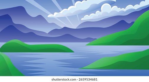 Vector landscape illustration of a calm river surrounded by green hills and layered blue mountains in the distance. The sky is decorated with white fluffy clouds and sunbeams