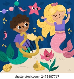 Ilustración de Vector con sirena bailando y niño jugando arpa. Escena de reino marino o océano con algas, estrellas de mar, princesa marina y príncipe. Fondo de cuento de hadas cuadrado lindo para los niños
