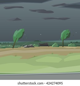 Vector landscape illustration of a dark windy day. Bench in a park.