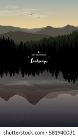 Vector landscape illustration of day and night with mirror effect with hills, dark forests and beautiful sky