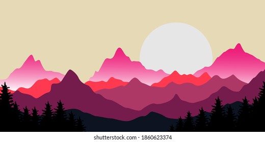 vector landscape illustration design template, with pictures of beautiful mountains and trees