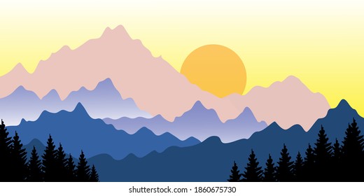 vector landscape illustration design template, with pictures of beautiful mountains and trees