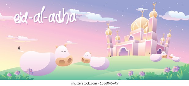Vector landscape illustration of Eid Al Adha Twilight Sky. Big Mosque with four cows smiling around it. Good for greeting card, banner, wallpaper, backdrop, or other needs