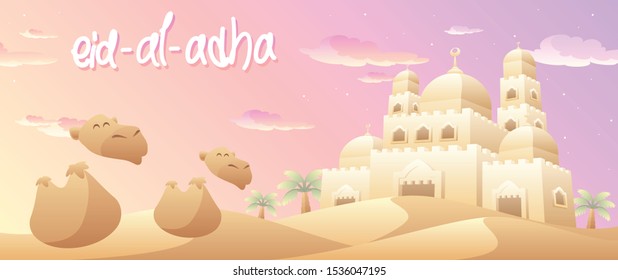 Vector landscape illustration of Eid Al Adha In The Desert. Big Mosque with two happy camels in front of it. Good for greeting card, banner, wallpaper, backdrop, or other needs