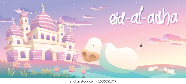 Vector landscape illustration of Eid Al Adha With Happy Cows In The Afternoon. Big Mosque with some happy cows around it. Good for greeting card, banner, wallpaper, backdrop, or other needs