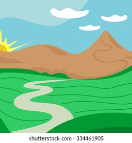 Vector landscape illustration with far away road, mountains, sun and clouds