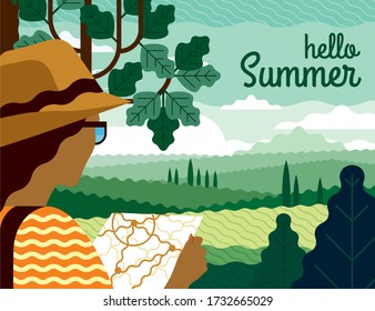 Vector landscape illustration of field in green colors. Summer travel. Beautiful view with wood, trees and mountains. Can be used for banner, gift card, flyer, postcard, poster, cover.