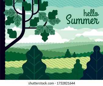 Ilustración del paisaje vectorial del campo. Viajes de verano. Bonitas vistas con madera, árboles, hojas y nubes. Se puede usar para banner, tarjeta de regalo, volante, postal, afiche, portada.