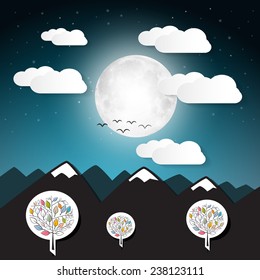 Vector Landscape Illustration with Full Moon and Mountains