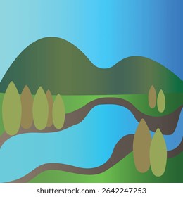 Vector landscape illustration with hills, trees, river, and blue sky. Minimalist nature scene in flat style, perfect for backgrounds, banners, or eco-themed designs. 