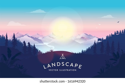 Vector landscape illustration. Hilltop with sunrise, nature, forest, fog and mountains in the background. Beautiful cold morning in the wilderness. Background, wallpaper Illustration.