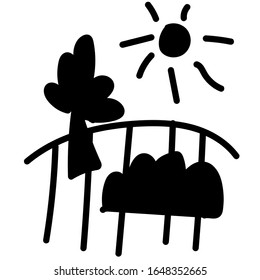 Vector landscape. Illustration as an icon on white isolated background hand drawn black line art. Design for social networks, web, prints, cards, coloring, banners, wrapping paper.