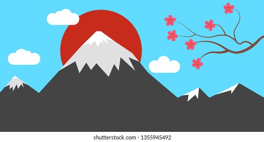 Vector landscape illustration of Japan. Background mountain, sun and sakura