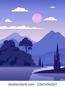 Ilustración del paisaje vectorial de un lago y montañas