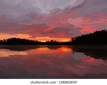 Vector landscape illustration with lake or river at sunset. Silhouette of distant forest, beautiful sinset sky colors