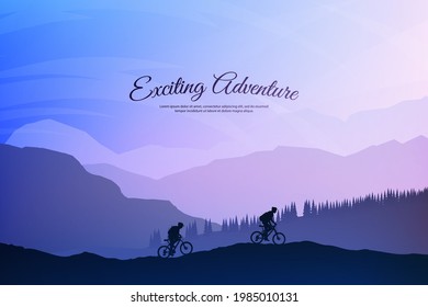 Vector landscape illustration. A man and woman with a backpack rides a mountain bike on the rocks. Mountain trip. Misty background. Travel concept of discovering, exploring and observing nature.