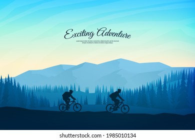 Vector landscape illustration. A man and woman with a backpack rides a mountain bike on the rocks. Mountain trip. Blue foggy background. Travel concept of discovering, exploring and observing nature.