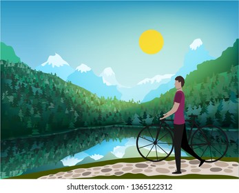 Vector landscape illustration men with the bicycle walking on mounting road. Big snow rocks, sunny day on a wild. Big lake with reflection.