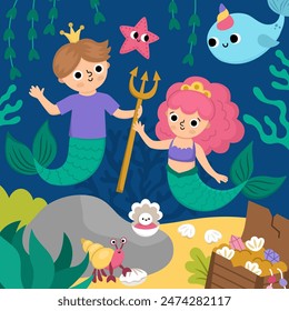 Vector landscape illustration with mermaid and boy with trident, crown. Ocean or sea kingdom scene with marine princess, prince, treasure chest. Cute square fairytale background for kids
