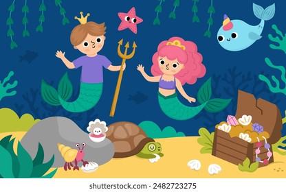 Vector landscape illustration with mermaid and boy with trident, crown. Ocean or sea kingdom scene with marine princess, prince, treasure chest. Cute horizontal fairytale background for kids
