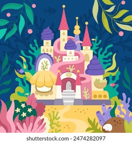 Vector landscape illustration with mermaid castle. Ocean or sea kingdom scene with seaweeds, fish, corals, marine princess palace on seabed. Cute square fairytale background for kids
