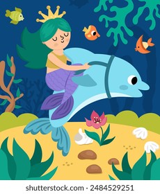 Vector landscape illustration with mermaid with green hair crown riding dolphin. Ocean or sea kingdom scene with seaweeds, jellyfish, marine princess. Cute square fairytale background for kids
