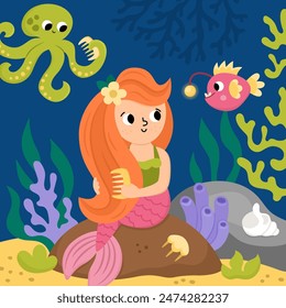 Vector landscape illustration with mermaid sitting on the rock combing hair. Ocean or sea kingdom scene with seaweeds, octopus, marine princess. Cute square fairytale background for kids
