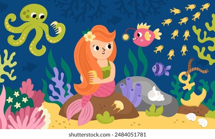 Vector landscape illustration with mermaid sitting on the rock combing hair. Ocean or sea kingdom scene with seaweeds, octopus, marine princess. Cute horizontal fairytale background for kids
