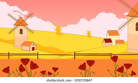 Ilustración del paisaje vectorial con molinos