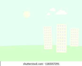 Vector landscape illustration. Minimalistic urban city. Cloudy sky. Flat yellow sun. Trendy modern style. colorful. Low contrast artwork. Cartoon style. 