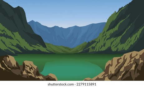 Ilustración del paisaje vectorial de la montaña con lago y rocas
