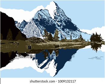 Vector landscape illustration of mountain peaks reflecting in water