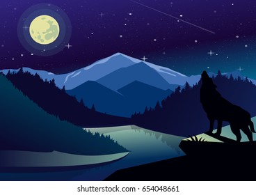 Vector landscape illustration with mountains and forests in night time. Wolf on the top of mountain howling at the moon on background of river view, dark sky and stars.