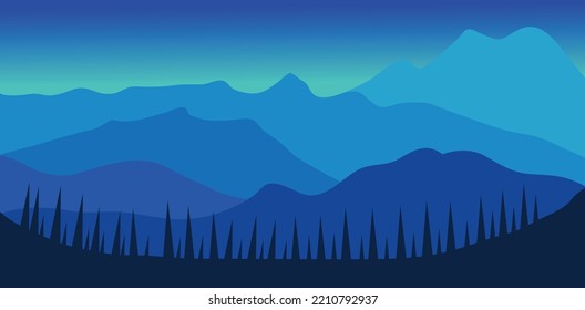 vector landscape illustration of mountains with moon night.