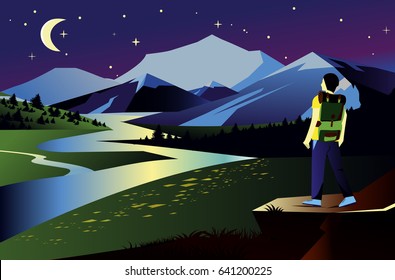 Vector landscape illustration with mountains in night time. Traveler and river view with dark sky, stars and moon.