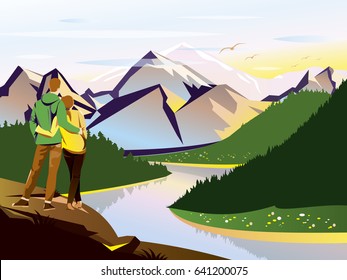 Vector landscape illustration with mountains. Travelers man and woman watching river view.
