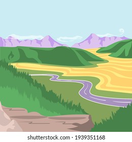 Vector landscape illustration. Natural background. Scenery in flat style. Observation platform. Forest and mountains in spring or summer season.