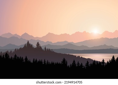 Vector landscape illustration, outdoor mountain and forest view at sunrise, beautiful nature background, national park trees silhouettes, morning sun in natural environment