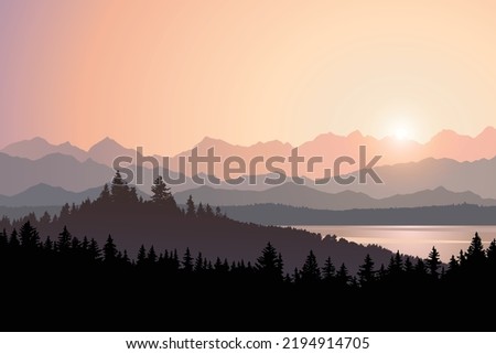 Vector landscape illustration, outdoor mountain and forest view at sunrise, beautiful nature background, national park trees silhouettes, morning sun in natural environment