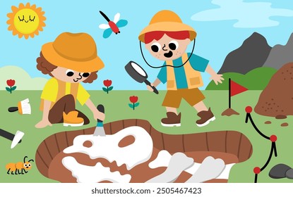 Ilustración de paisaje de Vector con paleontólogos excavando fósiles y huesos de dinosaurios. Linda escena con un científico animal prehistórico en la excavación. Paisaje de los arqueólogos de Dino con el muchacho y la muchacha divertidos
