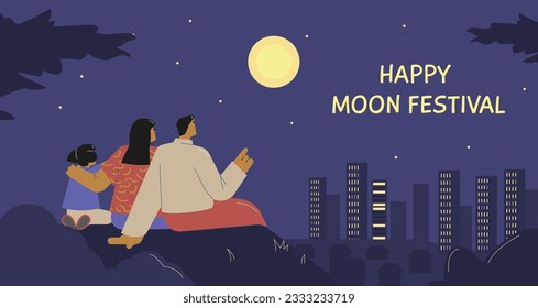 Vector landscape illustration of parents and daughter watching the full moon at night on Happy moon festival. Asian family enjoy mid autumn festival. Hand drawn cartoon design style with lettering.