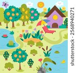 Vector landscape illustration with purple house, meadow, garden or orchard, pond. Cute vertical nature scenery with adorable cottage. Funny scene with home, clearing with flowers, sun, blue sky