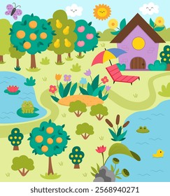 Vector landscape illustration with purple house, meadow, garden or orchard, pond. Cute vertical nature scenery with adorable cottage. Funny scene with home, clearing with flowers, sun, blue sky