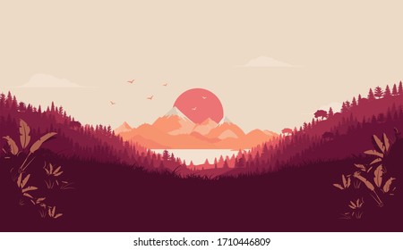 Ilustración del paisaje vectorial con sol rojo. Hermosas vistas desde el bosque sobre colinas, mar y cordillera en el fondo. Colores cálidos. Antecedentes del sitio web y concepto de papel tapiz.
