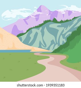 Vector landscape illustration. Road to forest and mountains in spring or summer season. Natural background. Scenery in flat style.