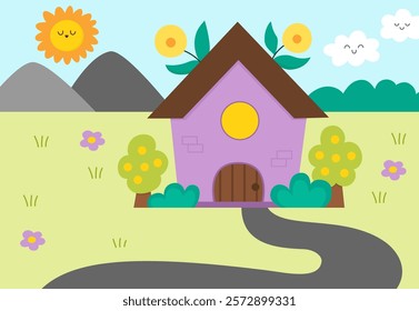 Vector landscape illustration with road leading to purple house, meadow. Cute horizontal nature scenery with adorable cottage. Funny scene with home, clearing with flowers, sun, blue sky