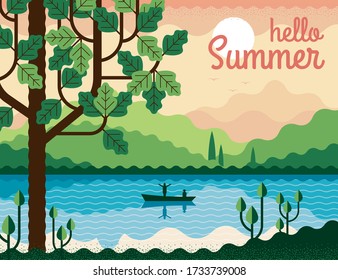Vector landscape illustration of the sea. Summer travel. Beautiful sunny day view with trees, water, fishing boat and mountains. Can be used for banner, gift card, flyer, postcard, poster, cover.
