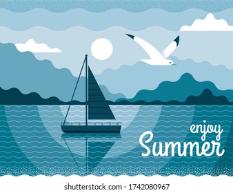 Vector landscape illustration of the sea. Summer travel. Fantastic sunset view with water, sailboat and mountains. Trendy style banner can be used for gift card, flyer, postcard, poster, calendar.