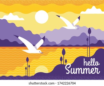 Vector landscape illustration of the sea. Summer travel. Fantastic sunny day view with water, gulls and mountains. Trendy style banner can be used for gift card, flyer, postcard, poster, calendar.